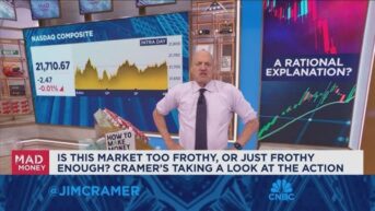 Jim Cramer en el set de Mad Money analizando la volatilidad del mercado y el índice Nasdaq Composite