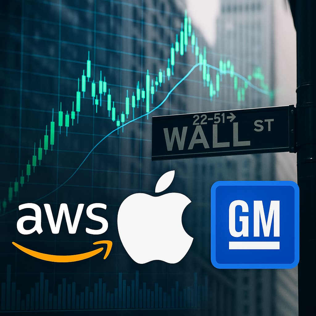 Logotipos de Apple, AWS y GM frente al letrero de Wall Street con un gráfico ascendente