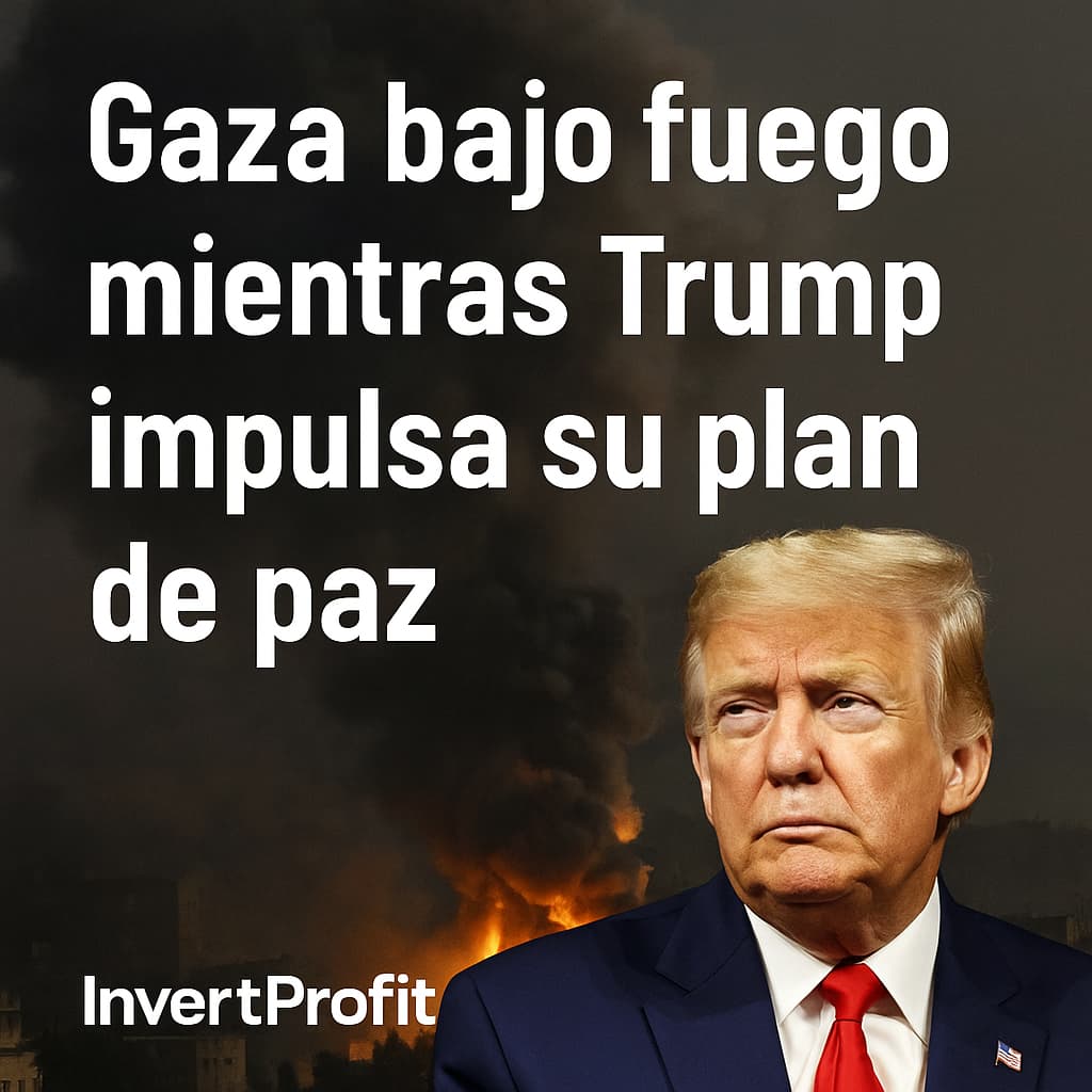 Donald Trump frente a un fondo de guerra en Gaza con humo y fuego
