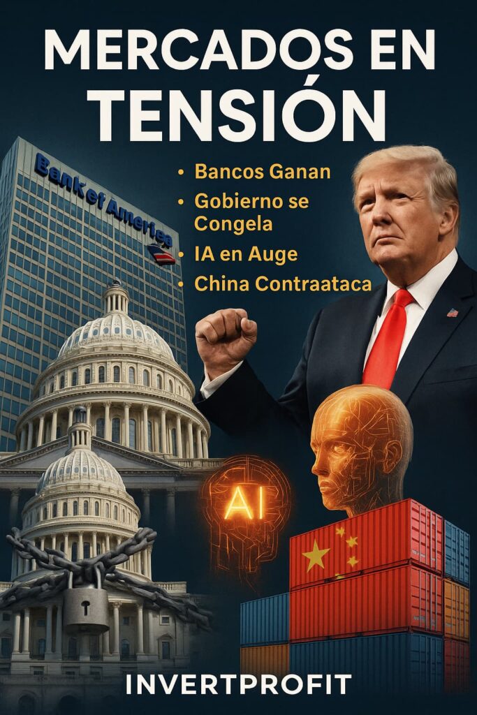 Donald Trump frente al Capitolio, edificio de Bank of America, contenedores chinos y gráficos bursátiles