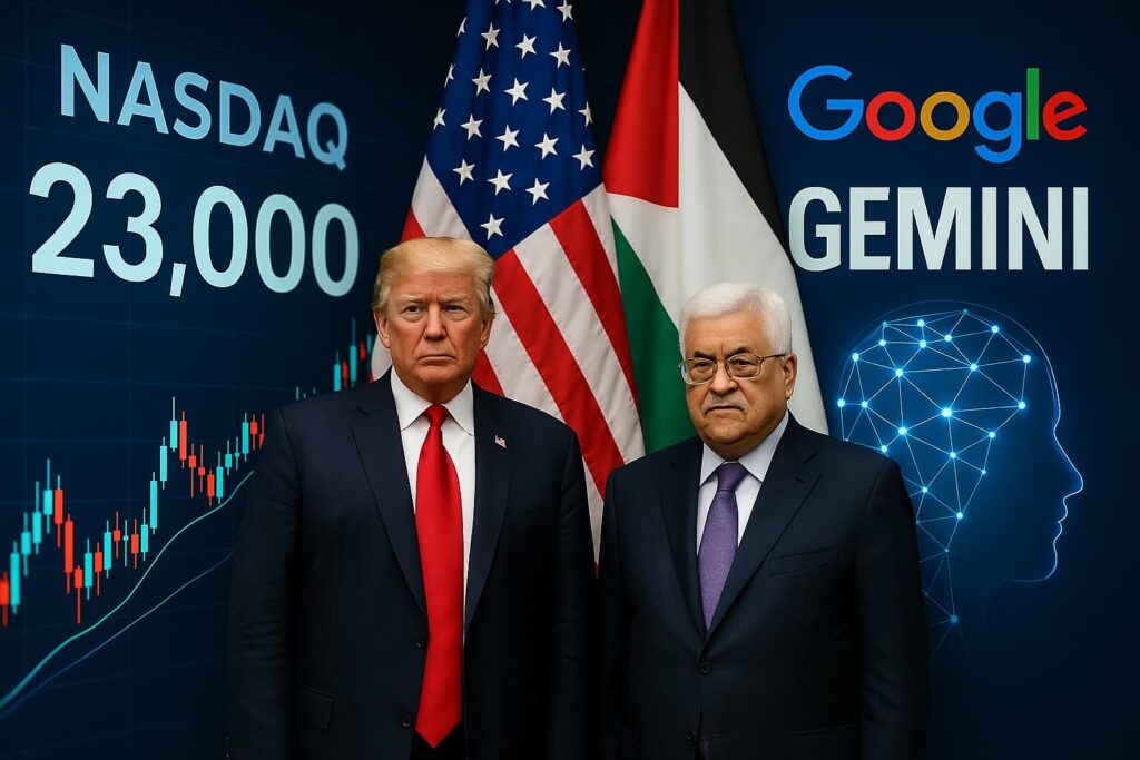 Donald Trump y líderes de Medio Oriente frente a gráfico del Nasdaq y logotipo de Google Gemini