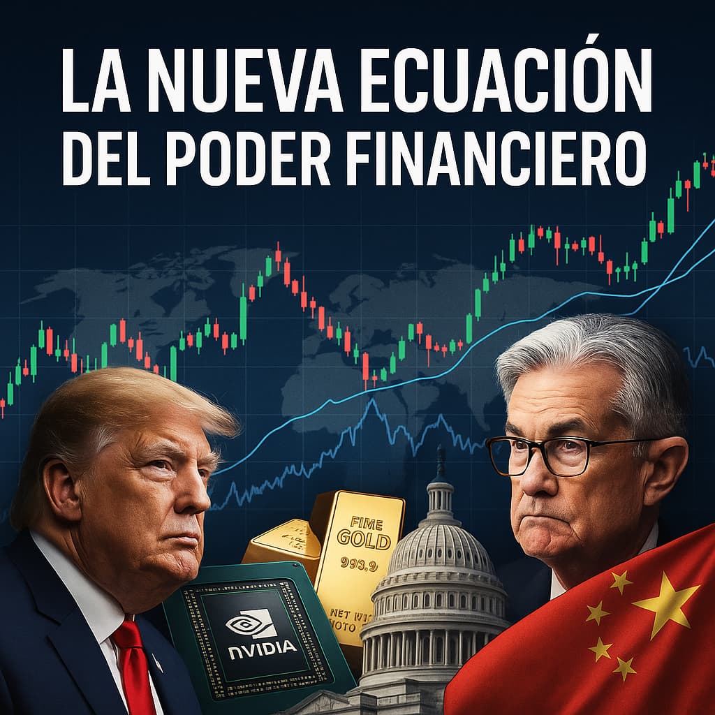 Trump y Jerome Powell frente a gráficos financieros y bandera china