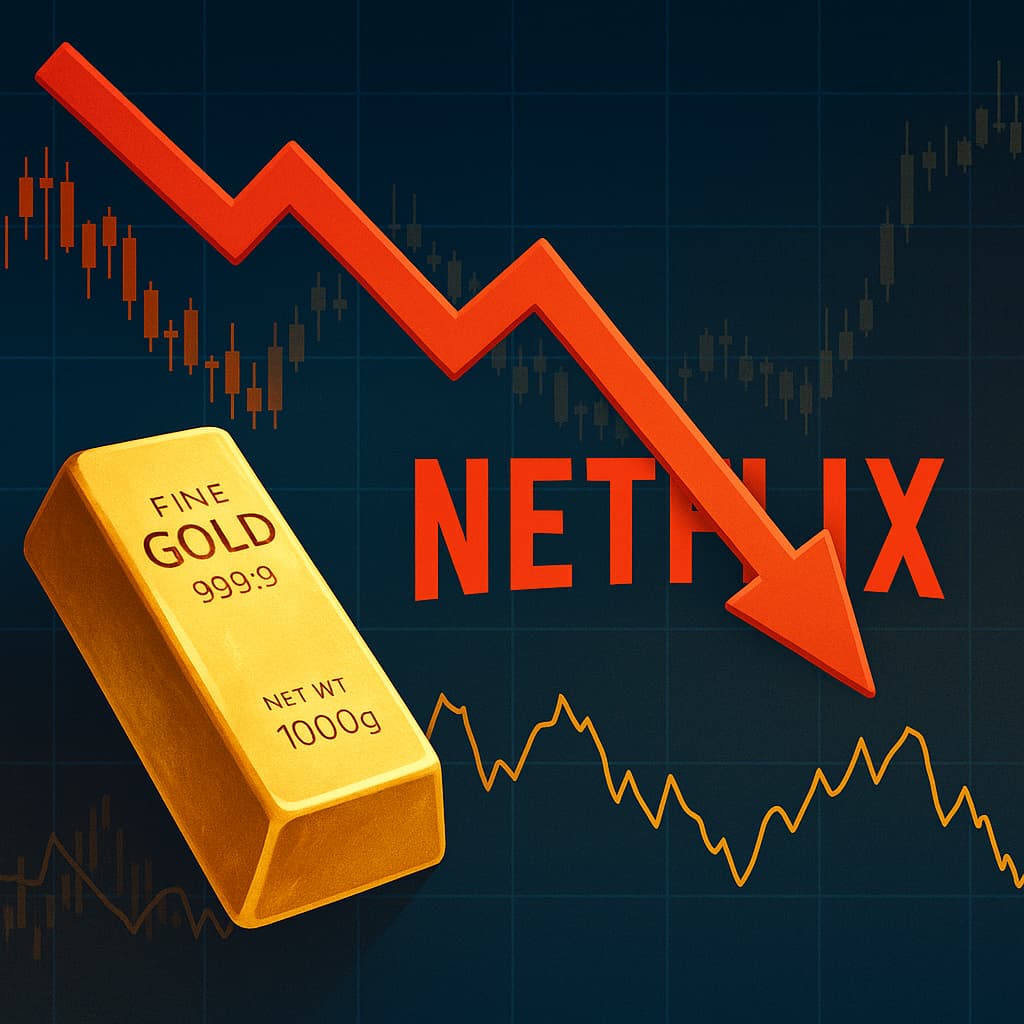 Lingote de oro y logo de Netflix con gráfico bajista