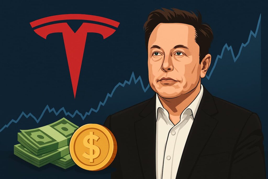 Elon Musk frente al logotipo de Tesla y un gráfico financiero ascendente