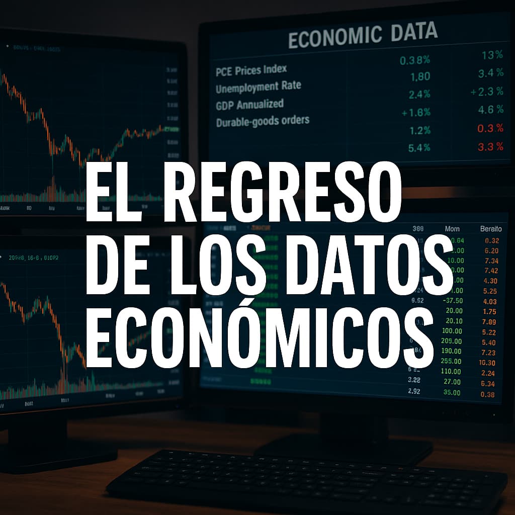 Monitores con gráficos económicos y texto "El regreso de los datos económicos"