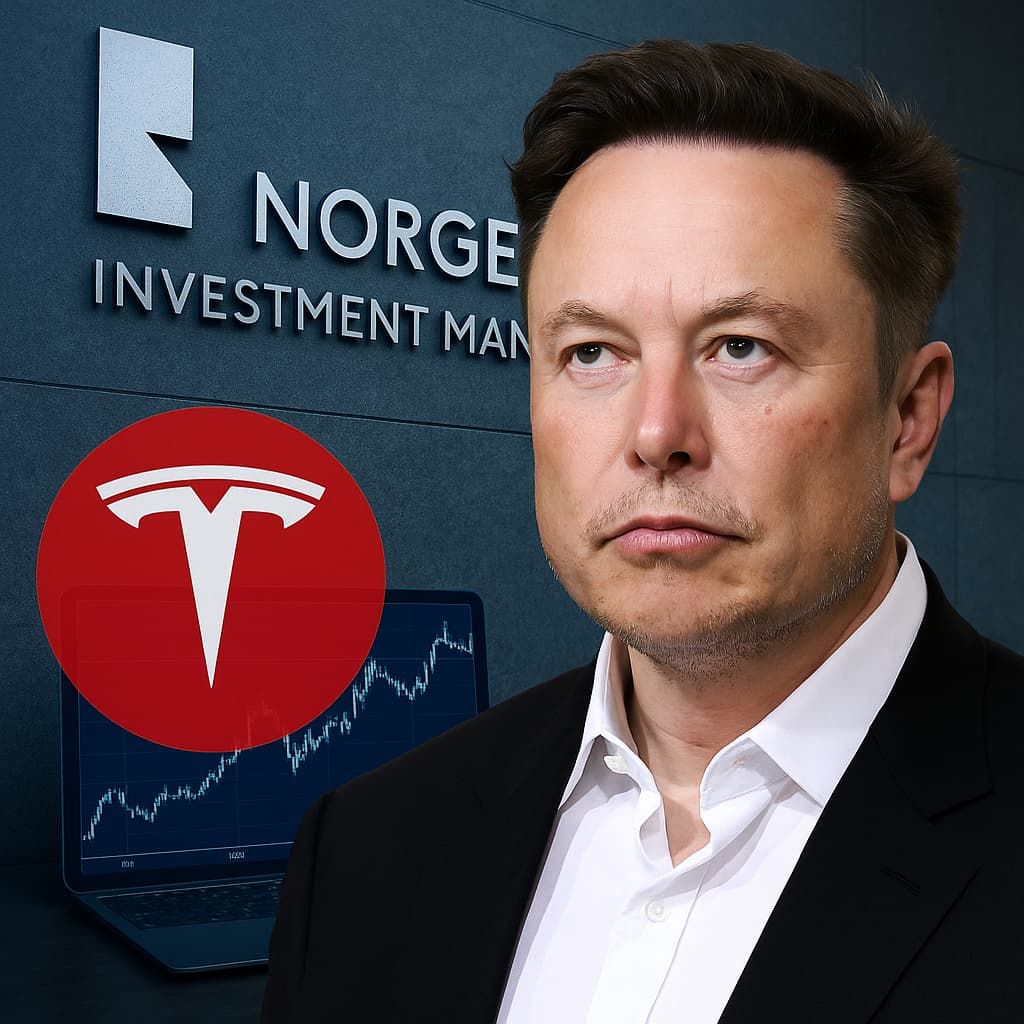 Elon Musk frente al logo de Tesla y Norges Bank Investment Management