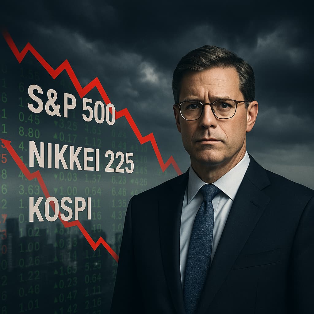 Ejecutivos financieros de Goldman Sachs y Morgan Stanley frente a gráficos bursátiles en descenso