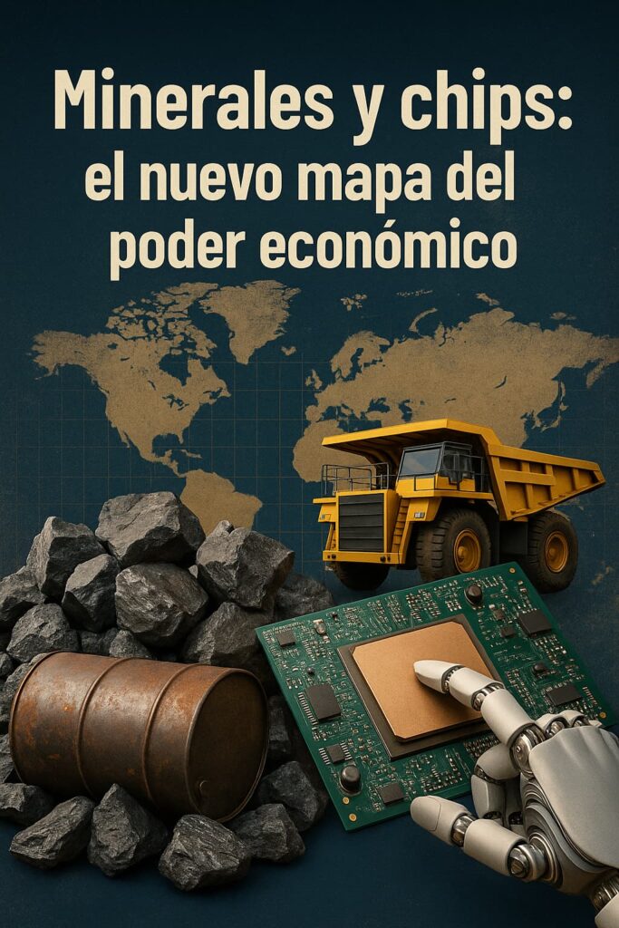 Ilustración de minería, chips y mapa económico mundial